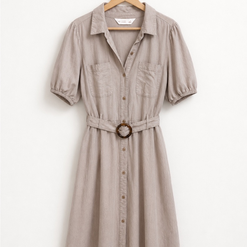 LC Lauren Conrad Taupe Button-Front Midi Shirt Dress with Belt